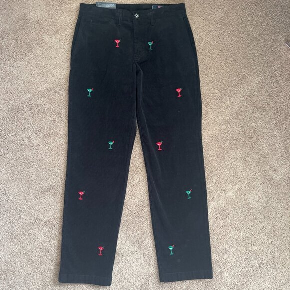 Vineyard Vines Pants Mens 30x32 Black Allover Martini Print Corduroy Stretch NWT